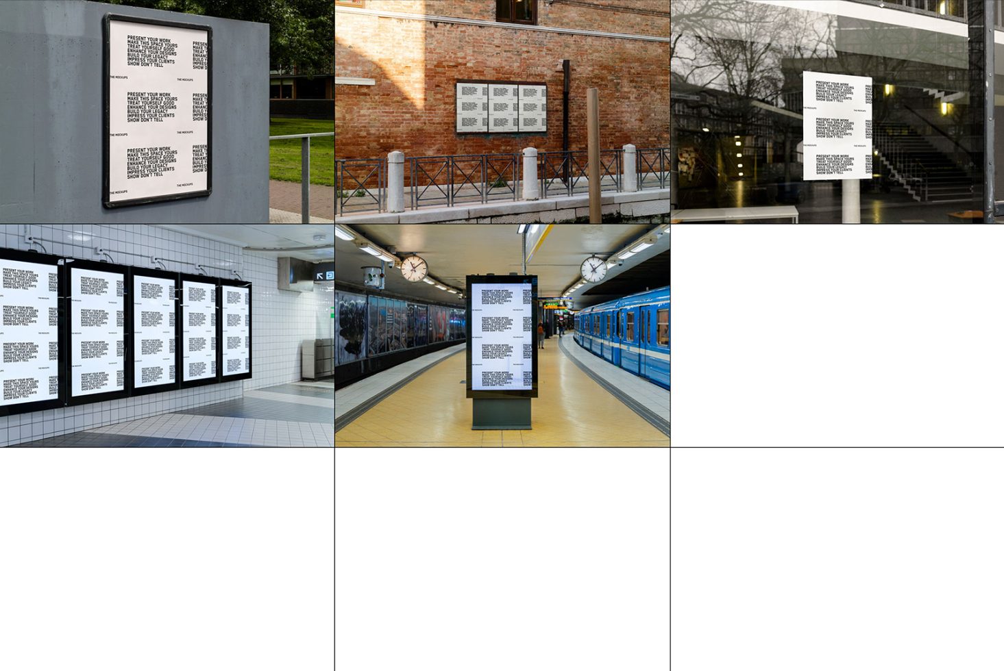 Urban outdoor and subway poster mockups in various settings, ideal for designers to showcase advertising designs and graphics.